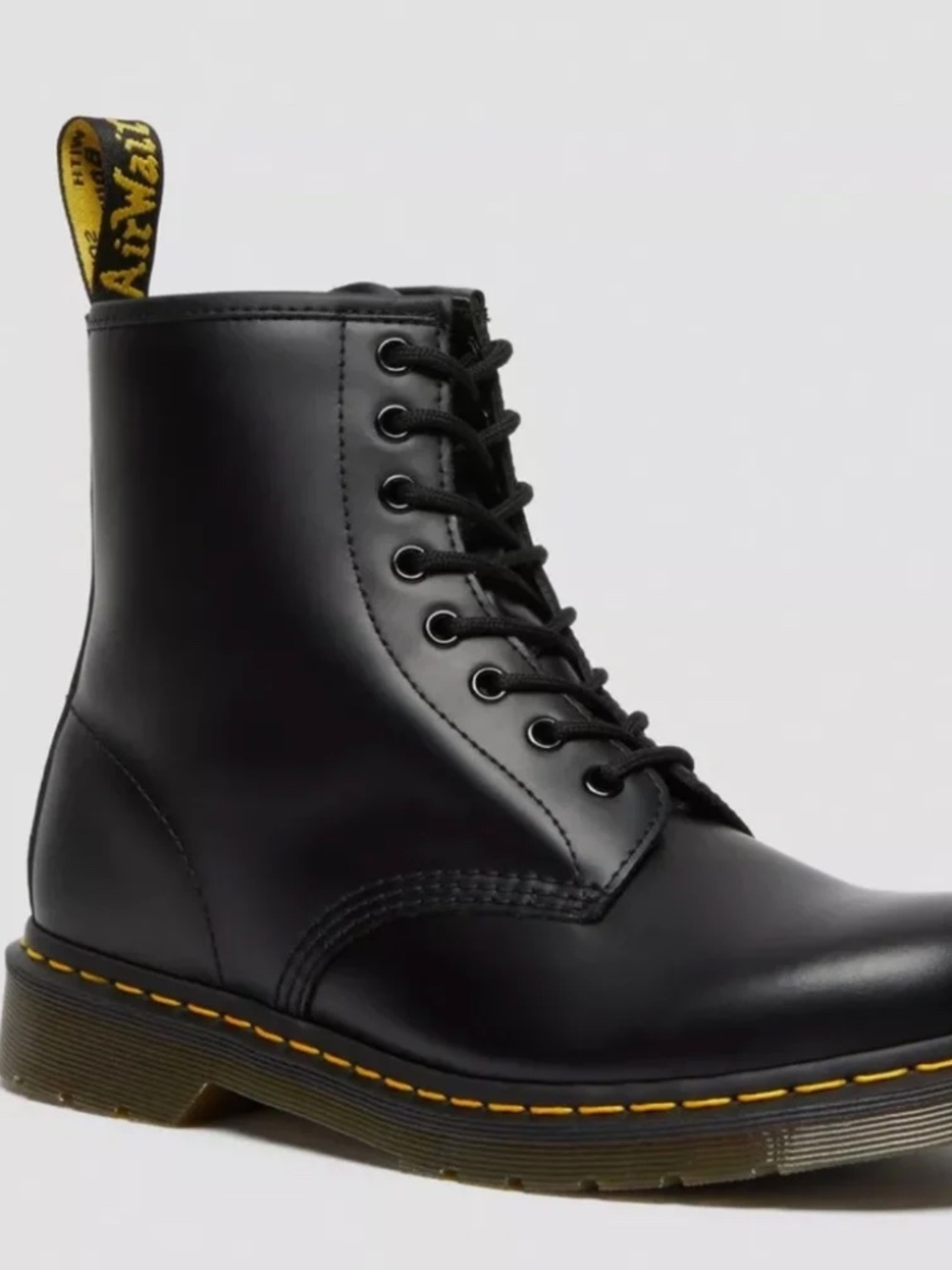 Dr. Martens Black Leather 8-Eye Lace-Up Boot with Yellow Stitching